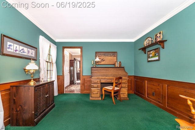18410 Fermanagh Ct, Northville, MI 48168 - carpeted home office featuring a wainscoted wall and ornamental molding