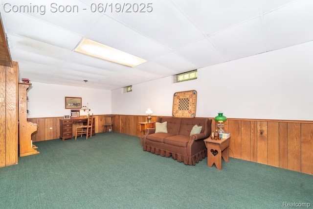18410 Fermanagh Ct, Northville, MI 48168 - living area featuring wainscoting, carpet, wooden walls, and a paneled ceiling