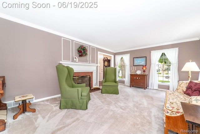 18410 Fermanagh Ct, Northville, MI 48168 - living area with ornamental molding, light carpet, and a fireplace