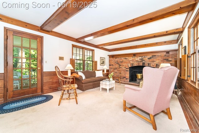 18410 Fermanagh Ct, Northville, MI 48168 - living room featuring wainscoting, wooden walls, beamed ceiling, and carpet floors