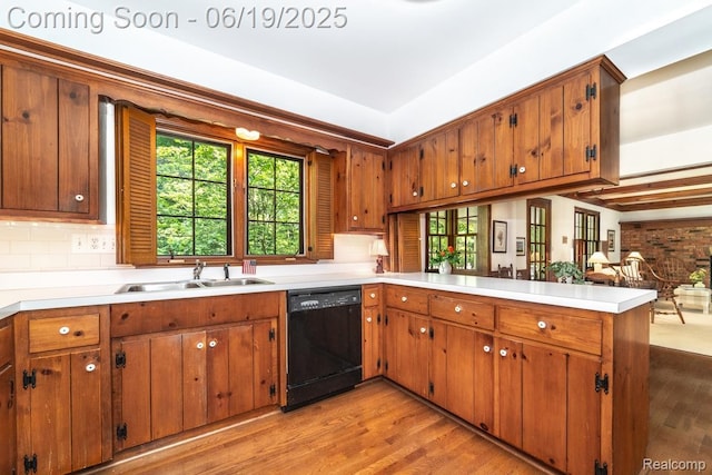18410 Fermanagh Ct, Northville, MI 48168 - kitchen with black dishwasher, a peninsula, light wood-style flooring, and light countertops