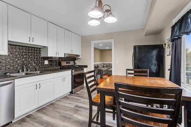 1094 Lake Marie Dr, Horton, MI 49246 - kitchen with stainless steel appliances, a sink, a chandelier, under cabinet range hood, and backsplash