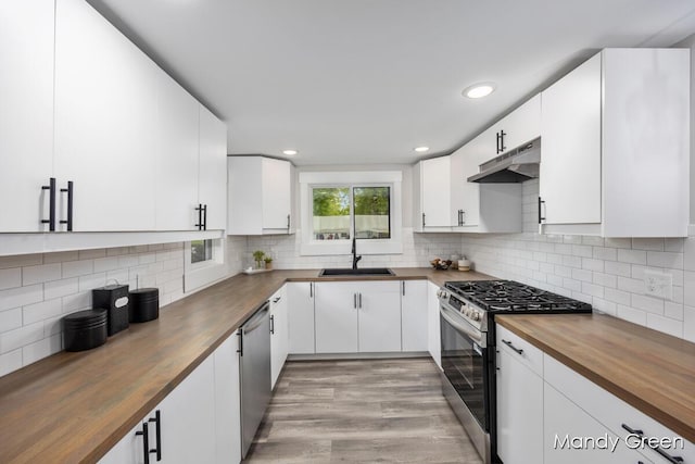 536 E Grant St, Sheridan, MI 48884 - kitchen with wooden counters, stainless steel appliances, a sink, under cabinet range hood, and decorative backsplash