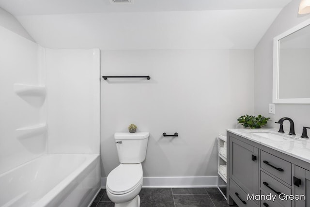 536 E Grant St, Sheridan, MI 48884 - bathroom featuring vanity, toilet, baseboards, lofted ceiling, and shower / bathtub combination