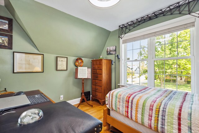 616 S Elm St, Three Oaks, MI 49128 - bedroom with wood finished floors, vaulted ceiling, and baseboards