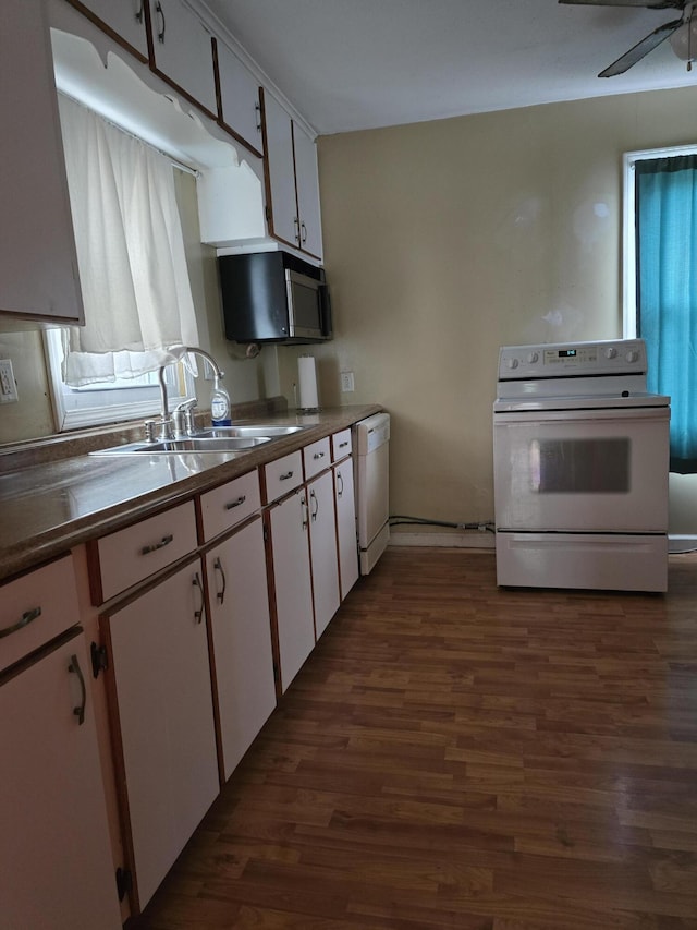 15495 Chelsea, Redford, MI 48239 - kitchen with white appliances, a sink, dark wood finished floors, ceiling fan, and white cabinetry