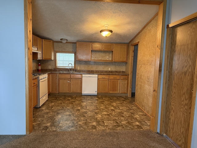501 N US-131 Hwy # 17, White Pigeon, MI 49099 - kitchen with white appliances, a sink, dark countertops, open shelves, and a textured ceiling