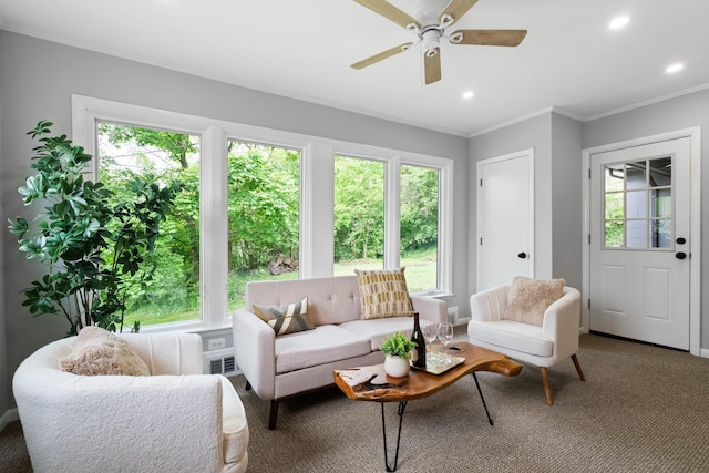 2316 Brockman Blvd, Ann Arbor, MI 48104 - carpeted living room with a ceiling fan, crown molding, and recessed lighting