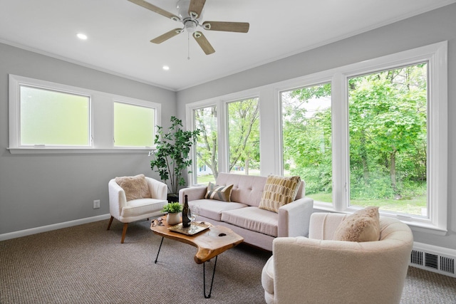 2316 Brockman Blvd, Ann Arbor, MI 48104 - living room featuring baseboards, ceiling fan, crown molding, carpet, and recessed lighting