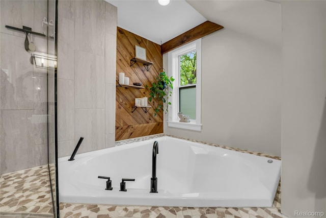 1104 James K Blvd, Pontiac, MI 48341 - full bathroom featuring a bath, a stall shower, and wood walls