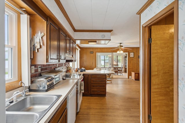 650 N Shore Dr, Crystal, MI 48818 - kitchen with under cabinet range hood, white appliances, light wood-style floors, a sink, and a peninsula