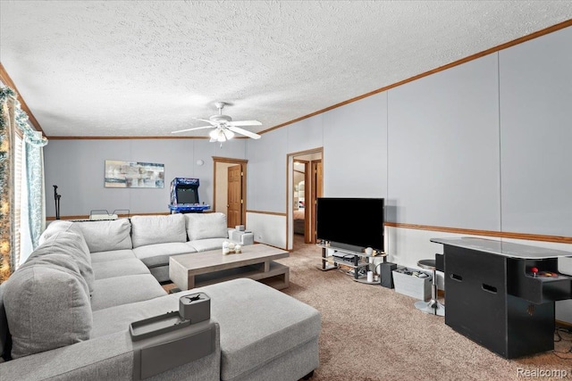 4813 Othello Ln, Northville, MI 48167 - living area with crown molding, carpet flooring, a ceiling fan, and a textured ceiling