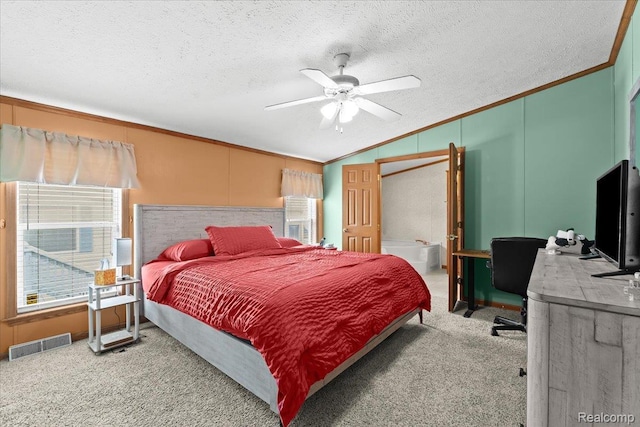 4813 Othello Ln, Northville, MI 48167 - bedroom with vaulted ceiling, crown molding, light carpet, a textured ceiling, and a ceiling fan