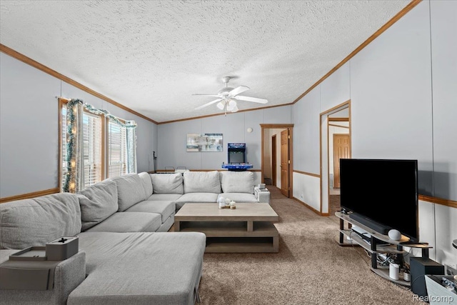 4813 Othello Ln, Northville, MI 48167 - living room featuring ornamental molding, a ceiling fan, carpet flooring, lofted ceiling, and a textured ceiling