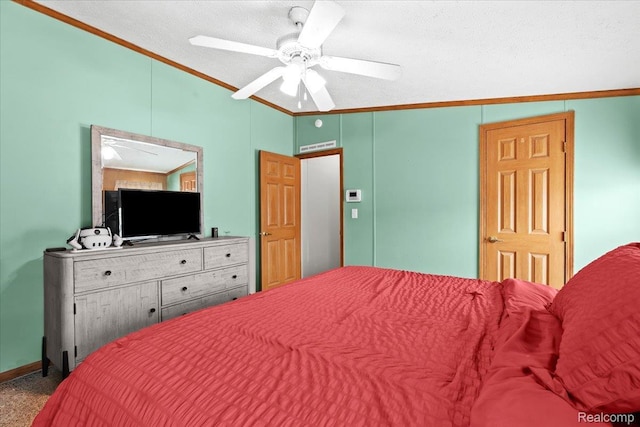 4813 Othello Ln, Northville, MI 48167 - bedroom with ornamental molding, ceiling fan, lofted ceiling, baseboards, and a textured ceiling