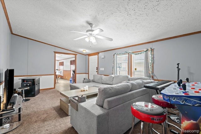 4813 Othello Ln, Northville, MI 48167 - carpeted living area with ornamental molding, ceiling fan, lofted ceiling, and a textured ceiling