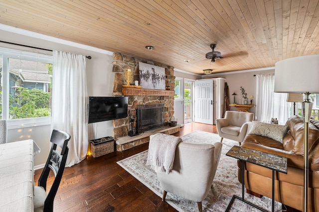 21922 Lake St, Cassopolis, MI 49031 - living area with crown molding, wood ceiling, a fireplace, and dark wood-style flooring