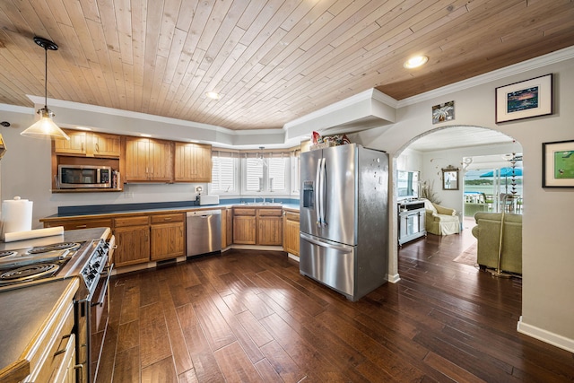 21922 Lake St, Cassopolis, MI 49031 - kitchen featuring appliances with stainless steel finishes, crown molding, wooden ceiling, recessed lighting, and arched walkways