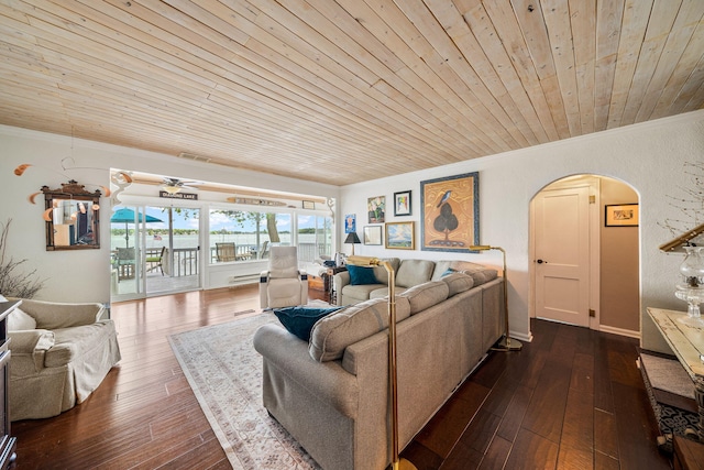 21922 Lake St, Cassopolis, MI 49031 - living area featuring arched walkways, ornamental molding, dark wood-style flooring, and wooden ceiling