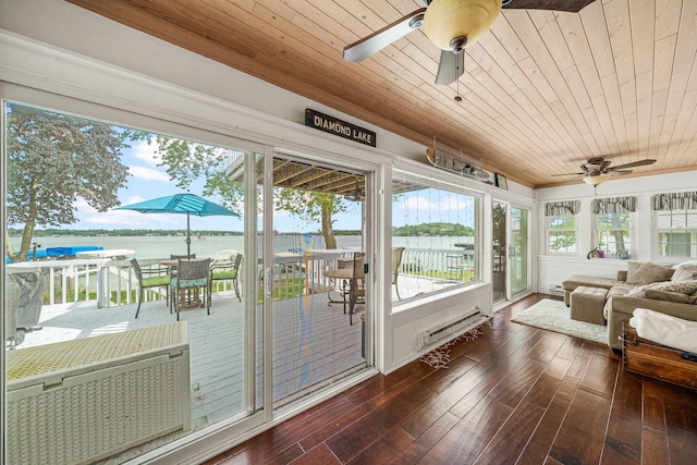 21922 Lake St, Cassopolis, MI 49031 - sunroom / solarium with wood-type flooring, wooden ceiling, a baseboard radiator, baseboard heating, and a deck with water view