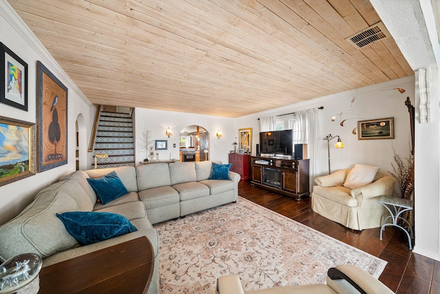 21922 Lake St, Cassopolis, MI 49031 - living area with arched walkways, wooden ceiling, stairs, dark wood-type flooring, and crown molding