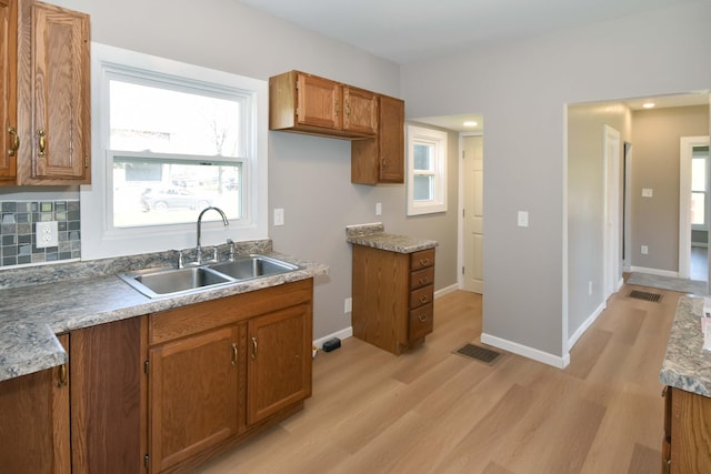 925 Princeton Ave, Kalamazoo, MI 49007 - kitchen with a sink, brown cabinetry, light wood-type flooring, and baseboards