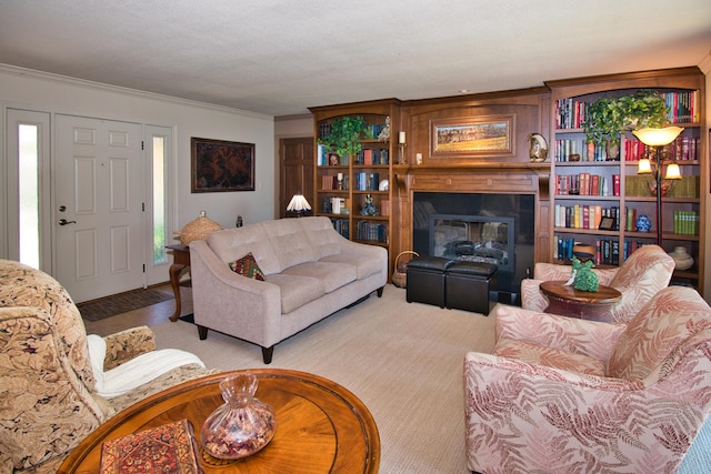 2727 S Lakeshore Dr Unit F-24, Saint Joseph, MI 49085 - living room featuring a glass covered fireplace, carpet, and ornamental molding