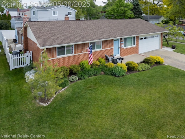 33532 Regal, Fraser, MI 48026 - ranch-style house with brick siding, roof with shingles, concrete driveway, a garage, and a chimney