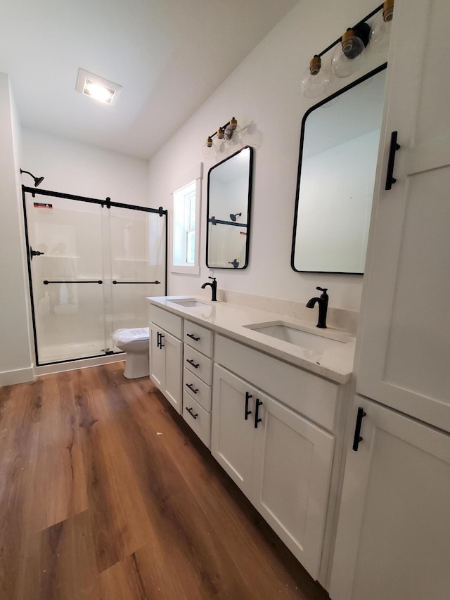 3995 112th Ave, Allegan, MI 49010 - bathroom featuring a stall shower, double vanity, and wood finished floors