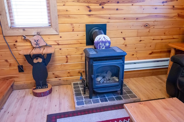6210 W Monroe Rd, Hesperia, MI 49421 - detailed view of a wood stove, a baseboard heating unit, wood finished floors, and wooden walls