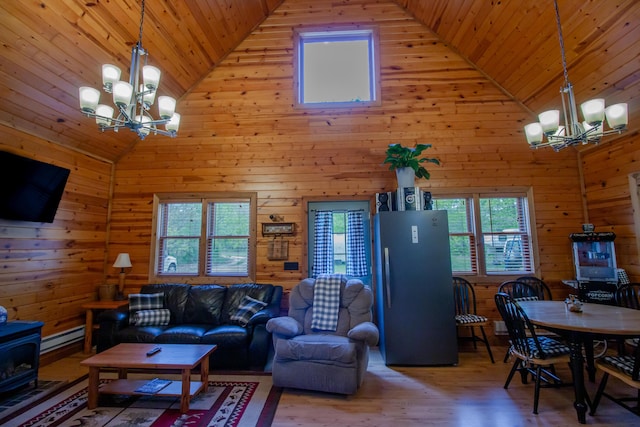 6210 W Monroe Rd, Hesperia, MI 49421 - living room with a chandelier, a wood stove, wooden ceiling, high vaulted ceiling, and wood finished floors