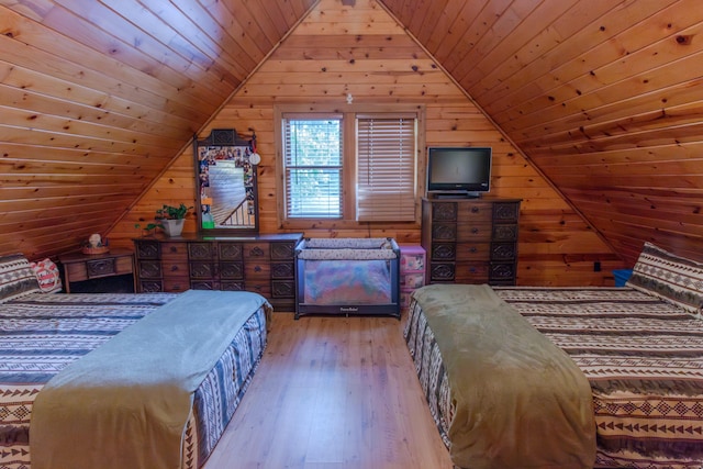 6210 W Monroe Rd, Hesperia, MI 49421 - bedroom featuring vaulted ceiling, wooden walls, wood-type flooring, and wooden ceiling