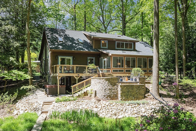 12215 Dunes Rd, Sawyer, MI 49125 - back of house with a covered hot tub, a wooden deck, stairs, and a shingled roof