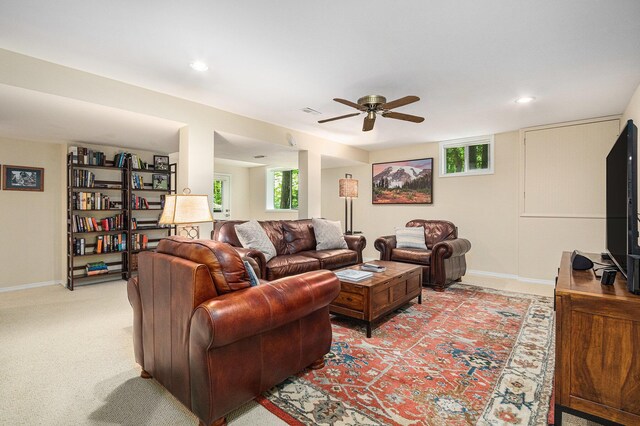 12215 Dunes Rd, Sawyer, MI 49125 - living room featuring a ceiling fan, baseboards, recessed lighting, and light carpet