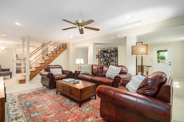 12215 Dunes Rd, Sawyer, MI 49125 - living area with stairs, a ceiling fan, light carpet, and recessed lighting