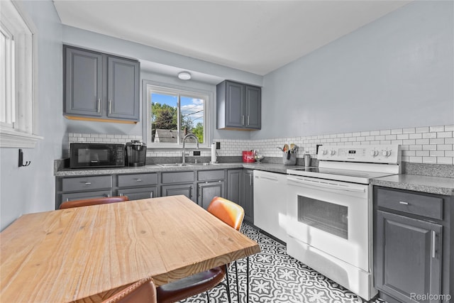 125 Tecumseh St, Clawson, MI 48017 - kitchen with white appliances, a sink, gray cabinetry, and backsplash