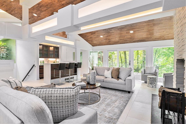 202 Orchard Hills Dr, Ann Arbor, MI 48104 - living room featuring wood ceiling, high vaulted ceiling, tile patterned flooring, and recessed lighting