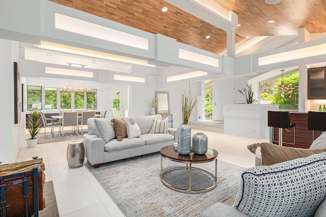 202 Orchard Hills Dr, Ann Arbor, MI 48104 - tiled living area featuring recessed lighting, wooden ceiling, and a towering ceiling