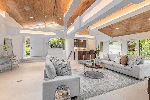 202 Orchard Hills Dr, Ann Arbor, MI 48104 - living area with wooden ceiling, recessed lighting, and high vaulted ceiling