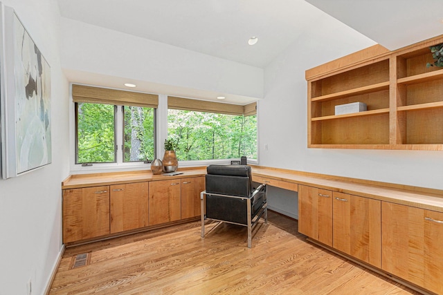 202 Orchard Hills Dr, Ann Arbor, MI 48104 - office space with built in study area, light wood-type flooring, lofted ceiling, and recessed lighting
