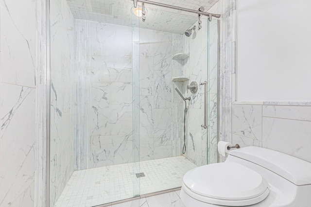 202 Orchard Hills Dr, Ann Arbor, MI 48104 - bathroom with toilet, a marble finish shower, tile walls, and marble finish flooring