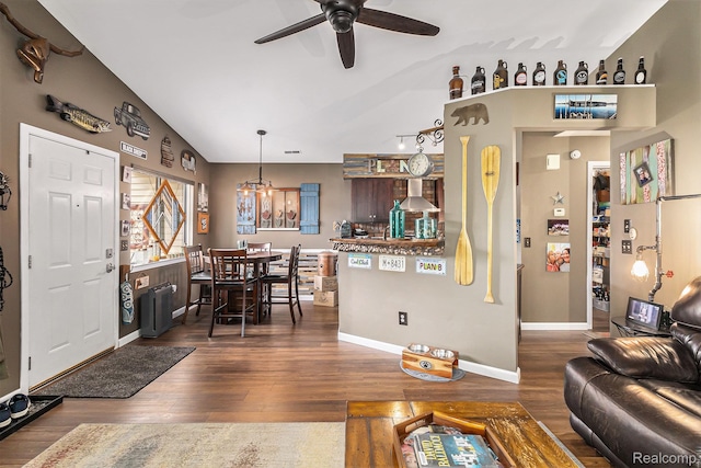 313 Spring Brooke Dr, Brighton, MI 48116 - living room with a ceiling fan, lofted ceiling, dark wood-style floors, and baseboards