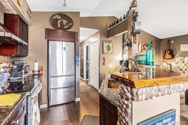 313 Spring Brooke Dr, Brighton, MI 48116 - kitchen featuring appliances with stainless steel finishes, wall chimney exhaust hood, dark wood-style flooring, baseboards, and a sink