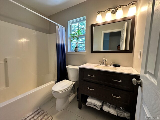6075 Davison Rd, Burton, MI 48509 - bathroom with toilet, vanity, tile patterned flooring, and shower / bath combo with shower curtain