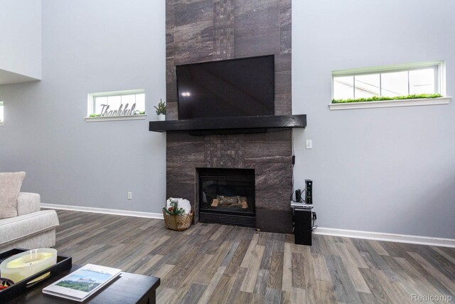 6075 Davison Rd, Burton, MI 48509 - living room featuring wood finished floors, a large fireplace, and baseboards