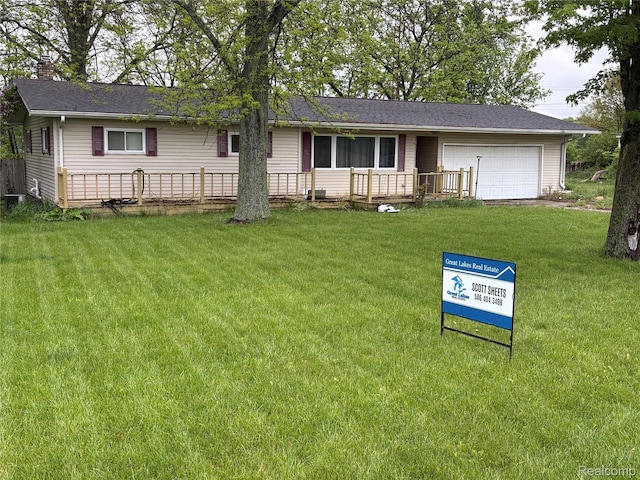 14600 Corunna Rd, Chesaning, MI 48616 - ranch-style home with a front yard, an attached garage, and a chimney