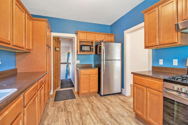 115 N Emily, Ludington, MI 49431 - kitchen featuring appliances with stainless steel finishes, dark countertops, light wood-style floors, under cabinet range hood, and brown cabinetry