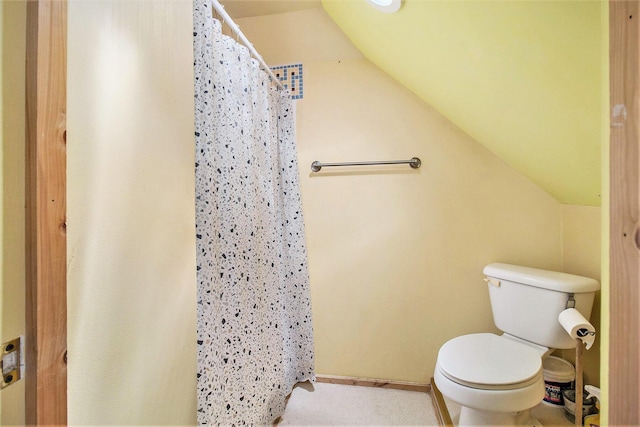 115 N Emily, Ludington, MI 49431 - bathroom with vaulted ceiling, toilet, and curtained shower