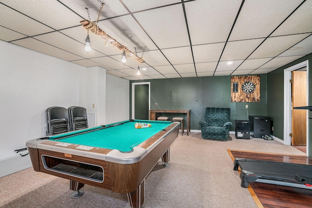 720 Riverside Dr, Constantine, MI 49042 - recreation room featuring a paneled ceiling, pool table, carpet, and baseboards