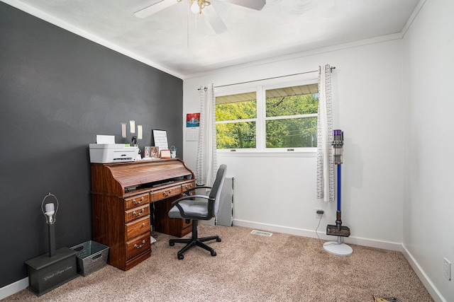 720 Riverside Dr, Constantine, MI 49042 - carpeted home office featuring a ceiling fan, baseboards, and crown molding